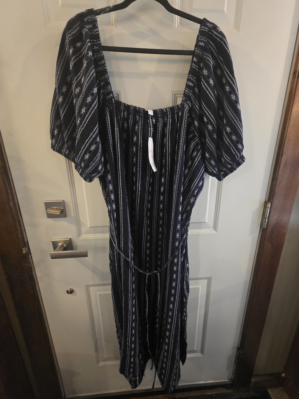 Time and Tru Navy and White Striped Peasant Midi Dress W/tie Waist